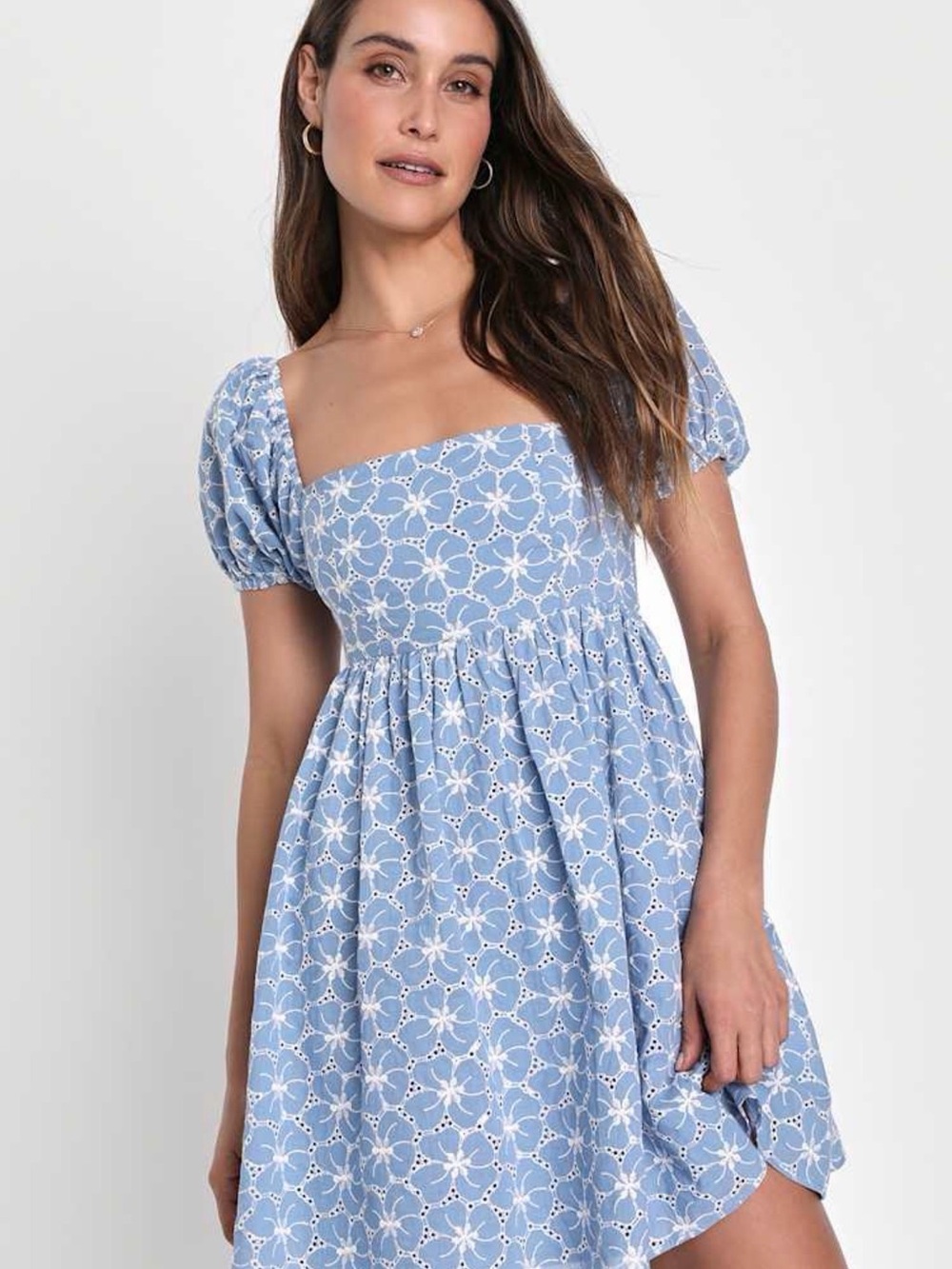 Lulus fit to frolic blue eyelet lace puff sleeve babydoll dress